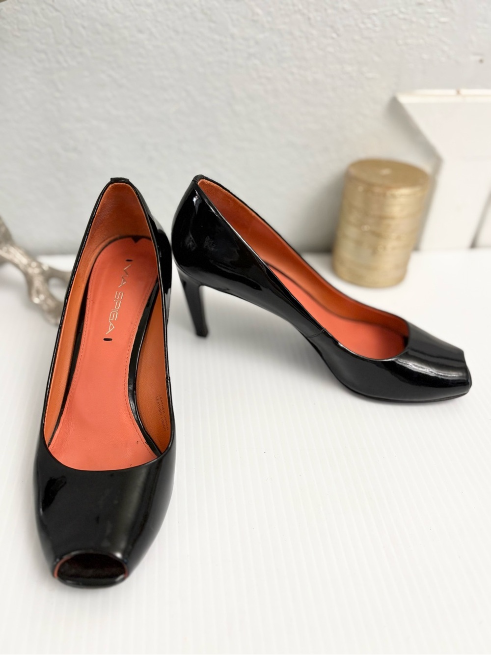 Via Spiga Frankie Pump Black Patent Leather Peep Toe Heel Women’s Size 7.5